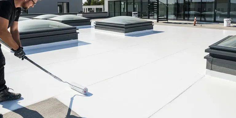 Applicazione a rullo di una membrana liquida bianca riflettente su copertura piana con lucernari: cool roof