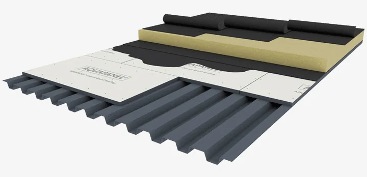 Copertura su lamiera grecata con lastre Knauf AQUAPANEL Rooftop, isolante e membrane bituminose