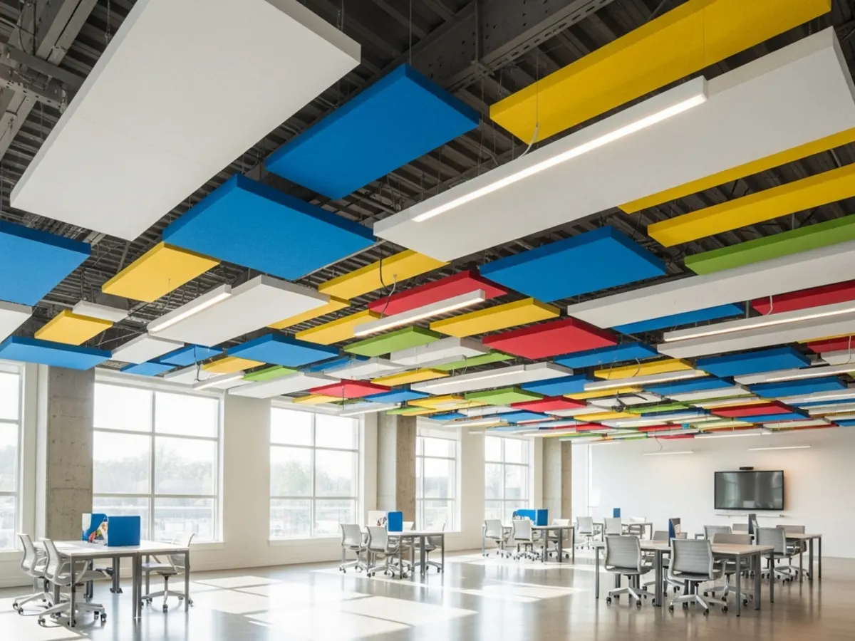 Controsoffitti acustici sospesi con pannelli colorati Rockfon ed Ecophon in ambiente luminoso – Roma