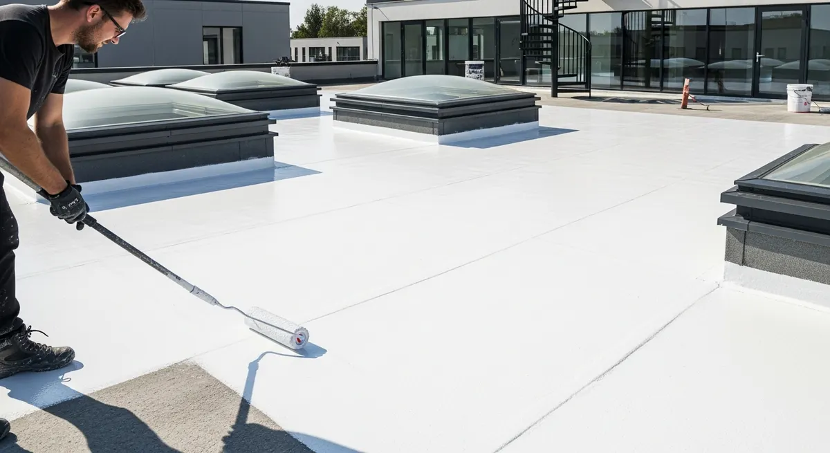 Applicazione di guaina liquida impermeabilizzante su copertura piana con rullo – terrazzo impermeabilizzato a Roma